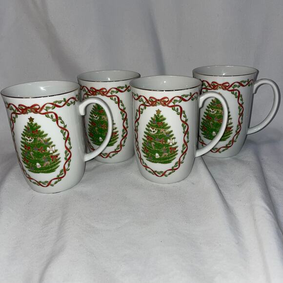 Otagiri MaryAnn Baker Japan Vintage VTG Christmas Mug Set Four 4 Gold Rim - Picture 1 of 7